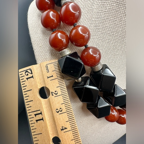 Vintage 15-11 MM ONYX & ORANGE JASPER BEAD 32" NECKLACE heavy - Picture 12 of 14